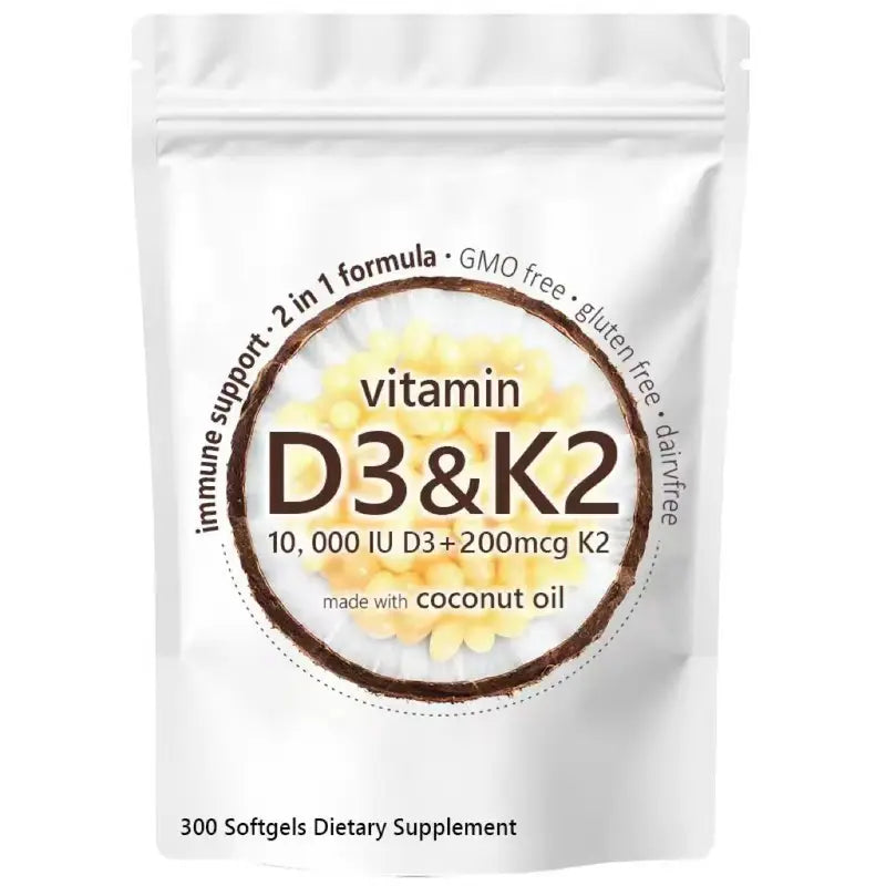 Vitamina D3 10000 UI más K2 (MK-7) 200 mcg, 300 cápsulas blandas de aceite de coco virgen 