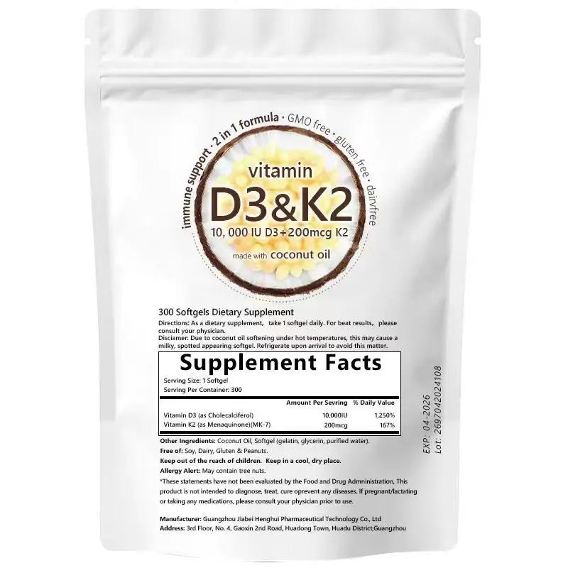 Vitamina D3 10000 UI más K2 (MK-7) 200 mcg, 300 cápsulas blandas de aceite de coco virgen 
