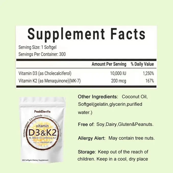 Vitamina D3 10000 UI más K2 (MK-7) 200 mcg, 300 cápsulas blandas de aceite de coco virgen 