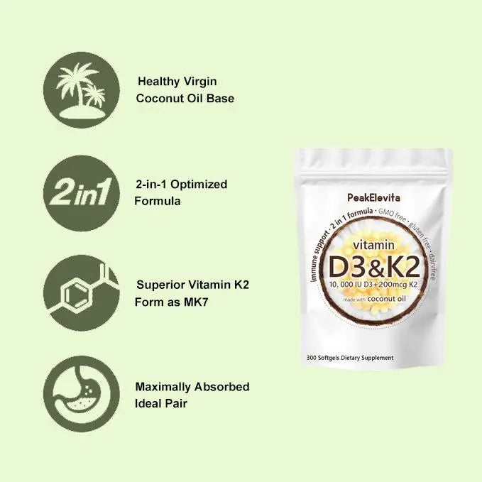 Vitamina D3 10000 UI más K2 (MK-7) 200 mcg, 300 cápsulas blandas de aceite de coco virgen 